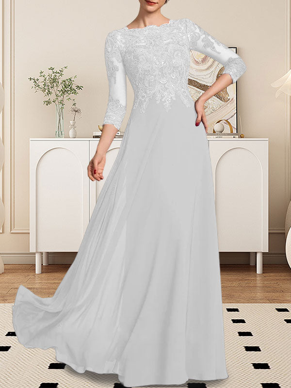 Vestido de gasa con encaje y lentejuelas para madre de la novia, corte A, largo hasta el suelo