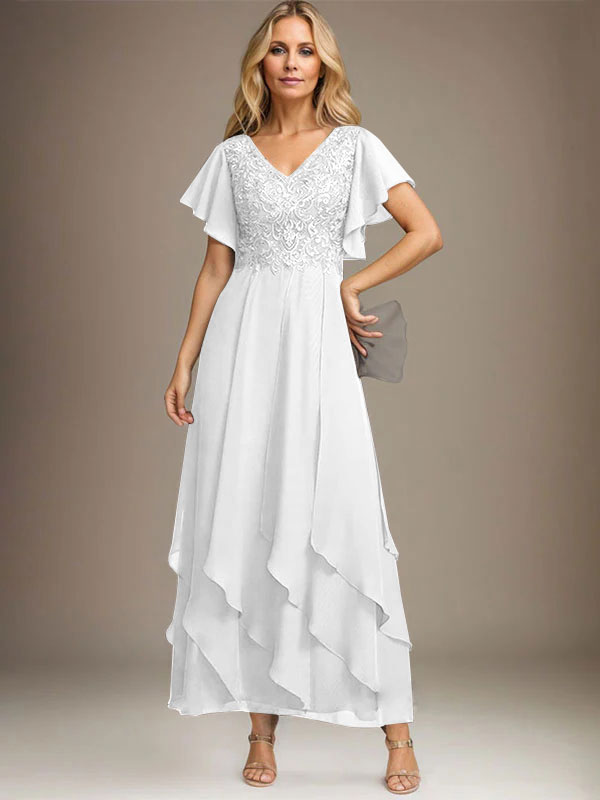 A-Linien-Kleid mit V-Ausschnitt, knöchellang, Spitzenchiffon und kaskadierenden Rüschen