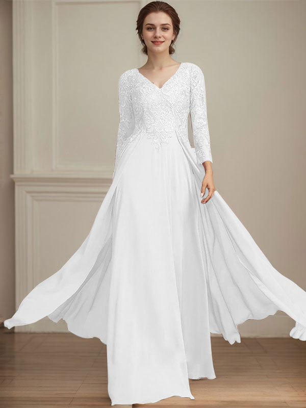 A-Linie V-Ausschnitt Bodenlanges Spitzen-Chiffon-Kleid für die Brautmutter mit Pailletten