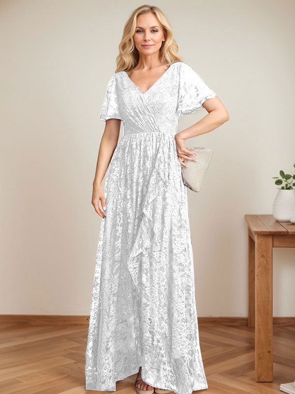 A-Linien-Kleid mit V-Ausschnitt, asymmetrischer Spitze für die Brautmutter mit kaskadierenden Rüschen