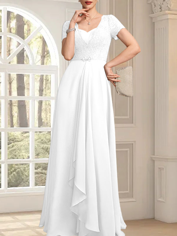 A-Linie, Herzausschnitt, bodenlang, Chiffon, Spitze, Kleid für die Brautmutter mit Perlenbesatz, kaskadierenden Rüschen