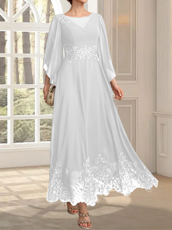 Vestido de gasa con encaje y lentejuelas para madre de la novia, corte A, escote ilusión, largo hasta los tobillos