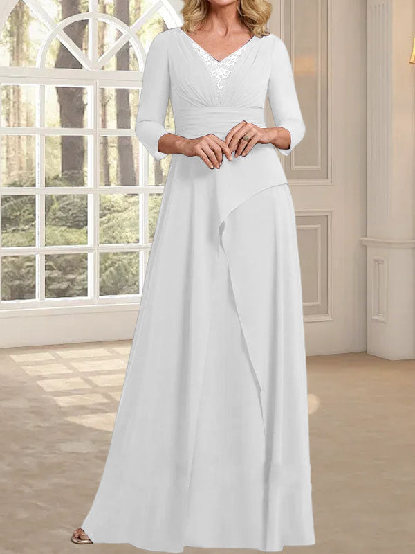 A-Linie, V-Ausschnitt, bodenlanges Chiffonkleid für die Brautmutter mit plissierter Perlenstickerei