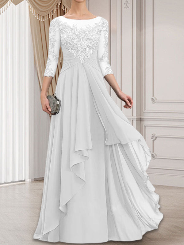 Vestido de gasa con encaje, corte A, escote ilusión, largo hasta el suelo, para madre de la novia con volantes en cascada