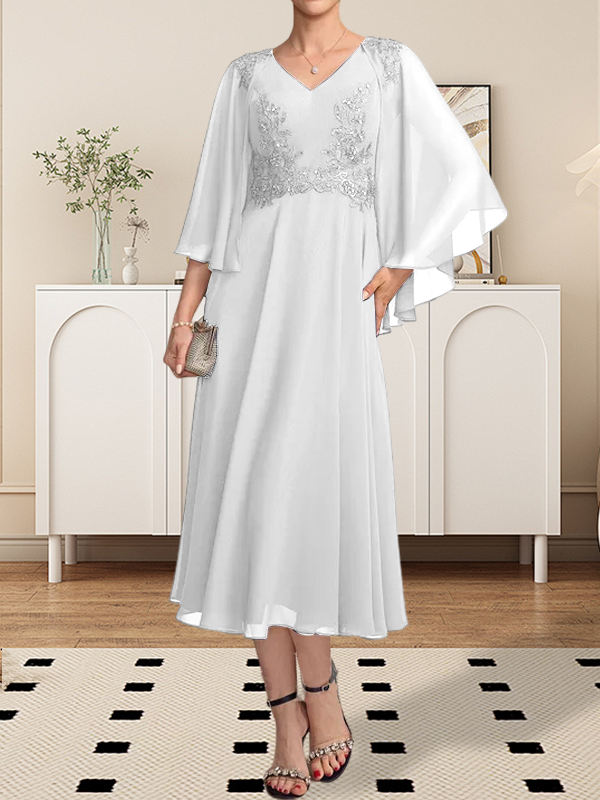 A-Linie, V-Ausschnitt, knielang, Chiffon, Spitze, Kleid für die Brautmutter mit Perlen und Pailletten