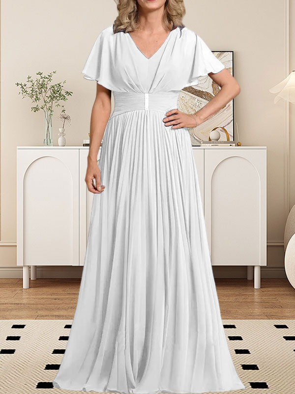 A-Linie V-Ausschnitt Bodenlang Chiffon Mutter der Braut Kleid Mit Kristall Brosche Plissee