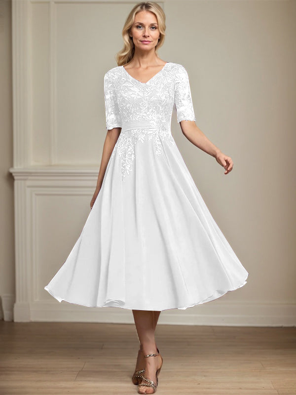 A-Linie V-Ausschnitt Wadenlanges Spitzen-Chiffon-Kleid für die Brautmutter mit Pailletten