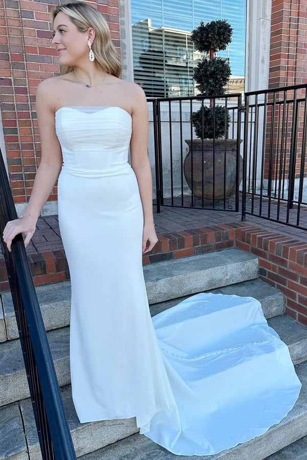 Weißes trägerloses Meerjungfrau-Brautkleid, lang