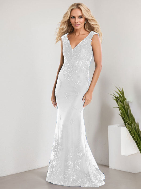 A-Linie V-Ausschnitt Bodenlang Spitze Chiffon Mutter der Braut Kleid Mit Applikation Pailletten Meerjungfrau Kleider