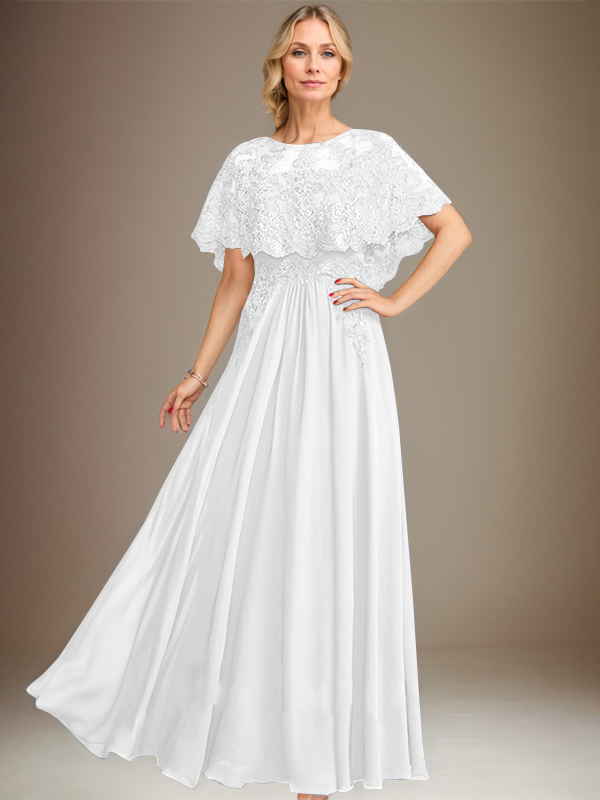 Vestido de madre de la novia de gasa con encaje, escote barco, largo hasta el suelo, con apliques de lentejuelas