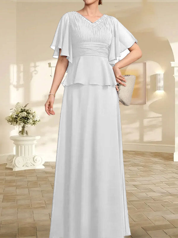 A-Linie, V-Ausschnitt, bodenlanges Chiffonkleid für die Brautmutter mit plissierter Perlenstickerei