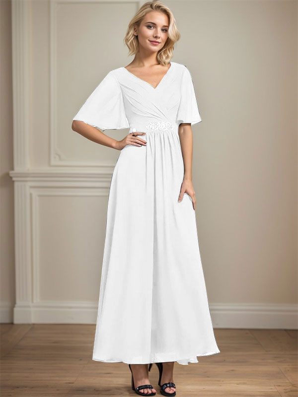 A-Linien-Kleid aus Chiffon mit V-Ausschnitt und Knöchellänge für die Brautmutter mit plissierten Perlen und Pailletten