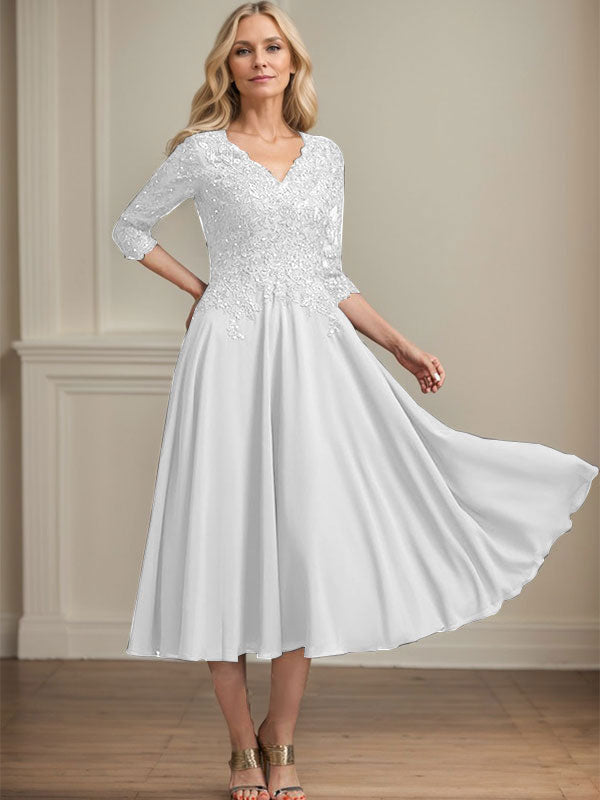A-Linie, V-Ausschnitt, knielang, Chiffon, Spitze, Kleid für die Brautmutter mit Perlen und Pailletten
