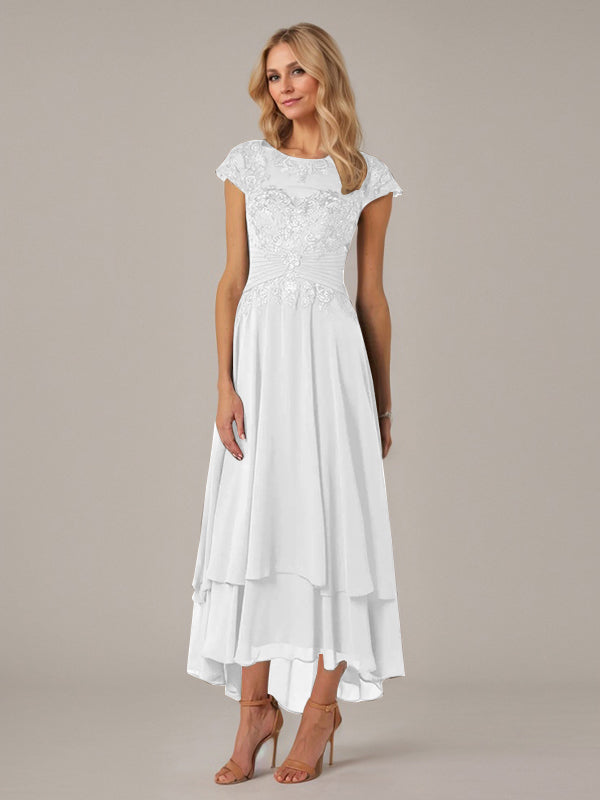 Vestido de madre de la novia de gasa asimétrica con escote barco, ilusión, corte A y encaje con pliegues y apliques