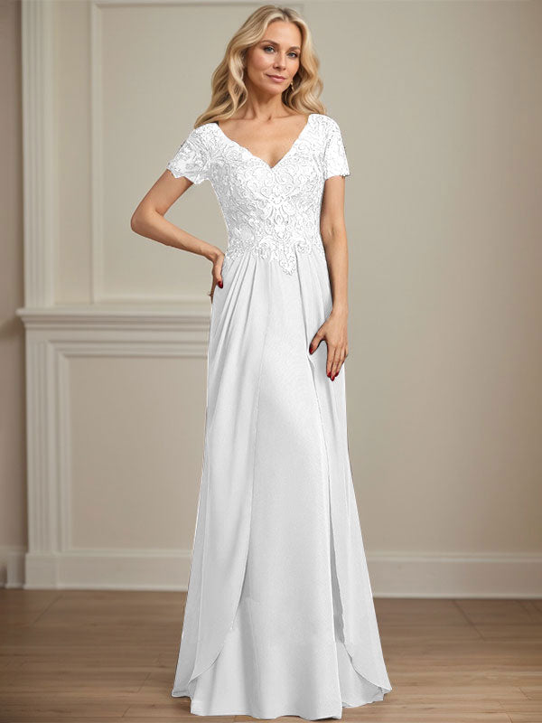 A-Linie V-Ausschnitt Bodenlanges Chiffon-Spitzenkleid für die Brautmutter
