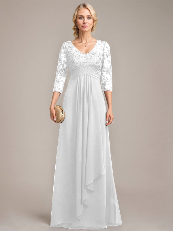 A-Linie, V-Ausschnitt, bodenlanges Chiffon-Kleid für die Brautmutter mit kaskadierenden Rüschen und Pailletten
