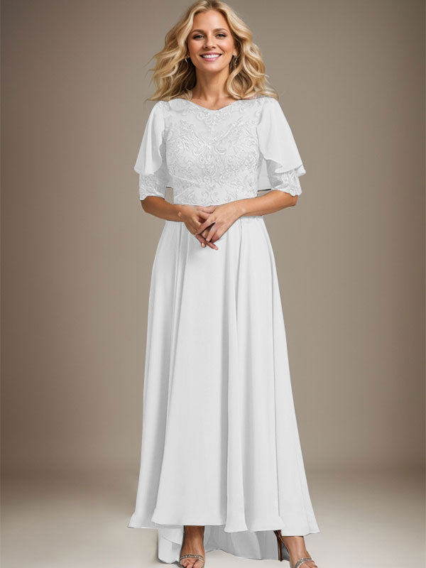 Vestido de madre de la novia de gasa asimétrica con encaje, ilusión, corte A y escote redondo con cuentas