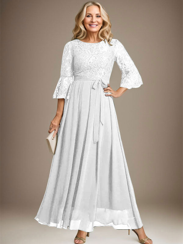 Vestido de gasa con encaje y lazo para madre de la novia, corte A, escote redondo hasta los tobillos