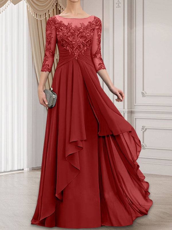 Vestido de gasa con encaje, corte A, escote ilusión, largo hasta el suelo, para madre de la novia con volantes en cascada