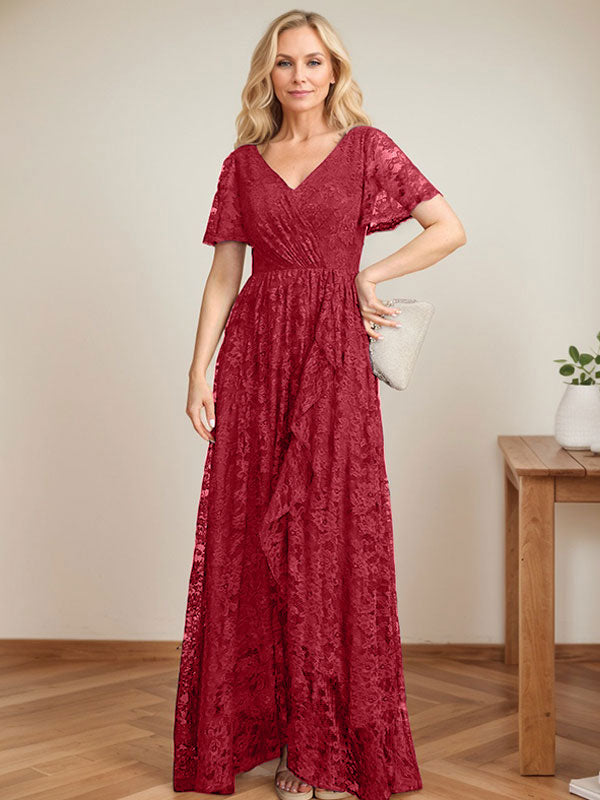 A-Linien-Kleid mit V-Ausschnitt, asymmetrischer Spitze für die Brautmutter mit kaskadierenden Rüschen