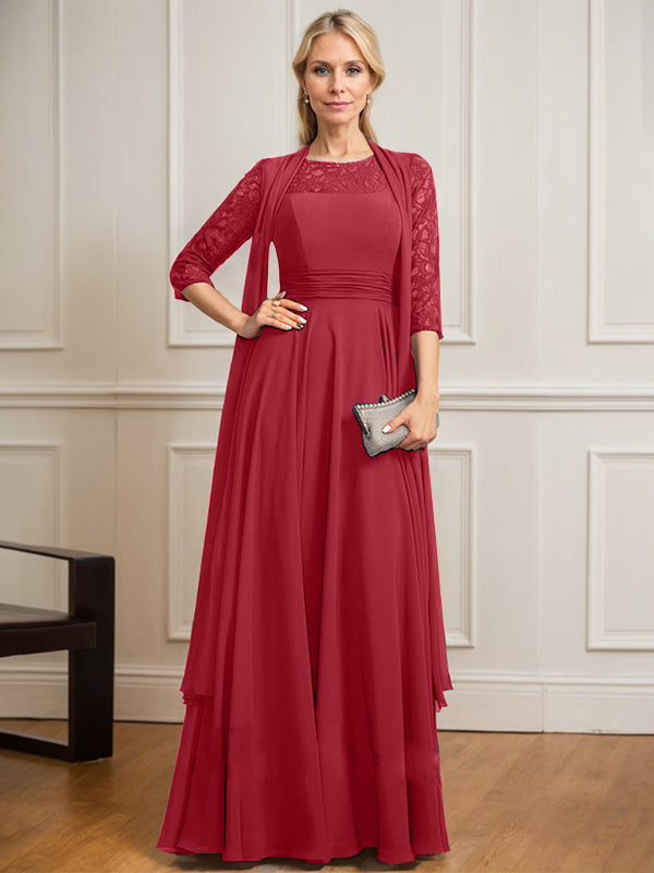 Vestido de gasa de encaje con ilusión de corte A hasta el suelo para madre de la novia con pliegues