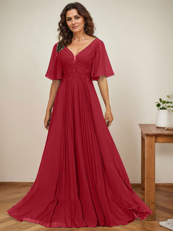 A-Linie V-Ausschnitt Bodenlang Chiffon Mutter der Braut Kleid Mit Pailletten Applikationen Spitze Plissee