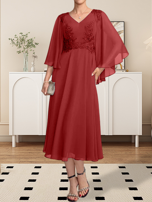 A-Linie, V-Ausschnitt, knielang, Chiffon, Spitze, Kleid für die Brautmutter mit Perlen und Pailletten