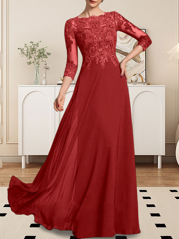 Vestido de gasa con encaje y lentejuelas para madre de la novia, corte A, largo hasta el suelo