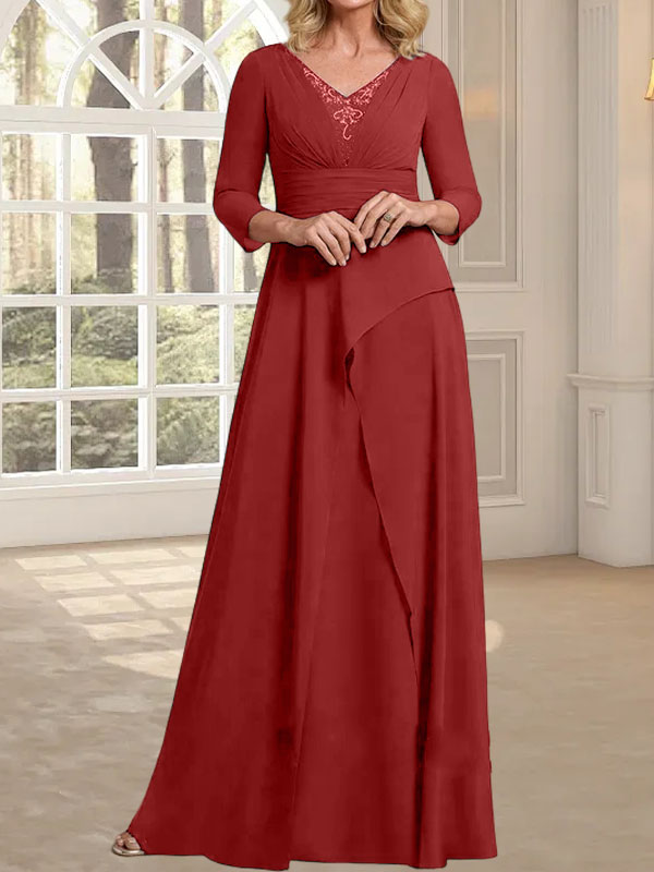 A-Linie, V-Ausschnitt, bodenlanges Chiffonkleid für die Brautmutter mit plissierter Perlenstickerei