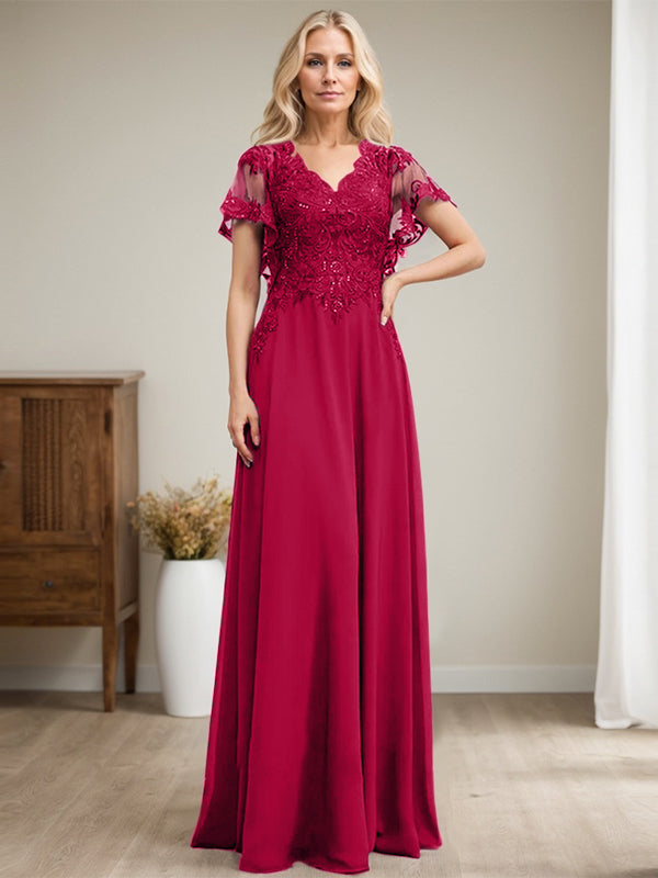 A-Linie V-Ausschnitt Bodenlanges Spitzen-Chiffon-Kleid für die Brautmutter mit Pailletten