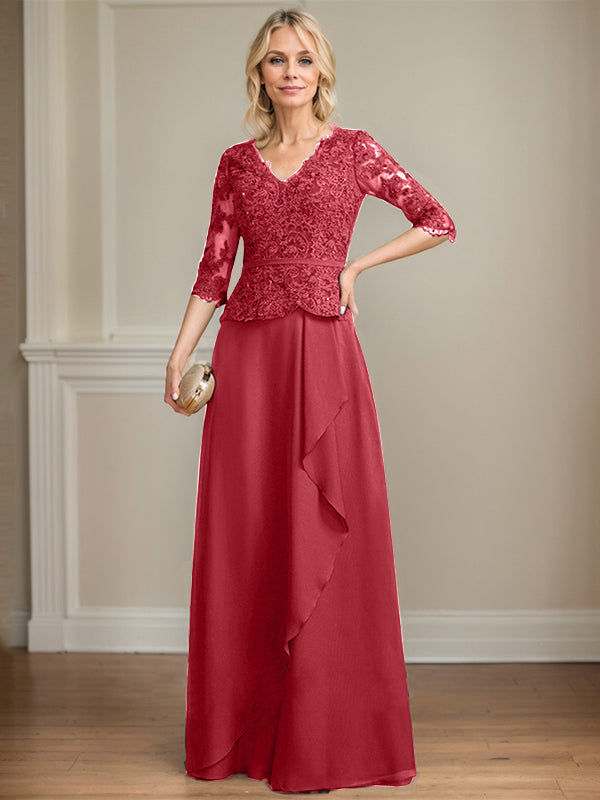A-Linie, V-Ausschnitt, bodenlanges Chiffon-Kleid für die Brautmutter mit kaskadierenden Rüschen und Pailletten