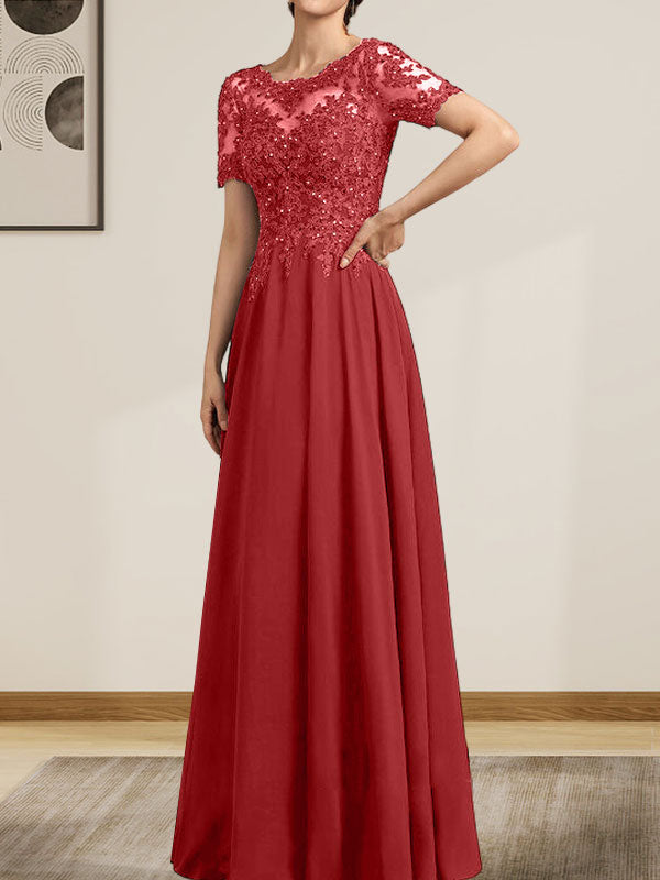 Vestido de gasa con encaje y lentejuelas para madre de la novia, largo hasta el suelo, con escote en A y ilusión