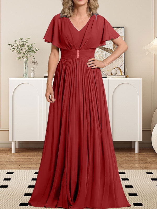 A-Linie V-Ausschnitt Bodenlang Chiffon Mutter der Braut Kleid Mit Kristall Brosche Plissee