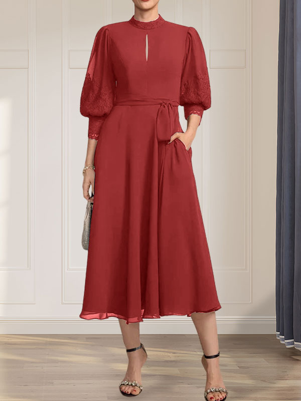 Vestido de gasa con encaje, cuello alto, largo hasta la rodilla, para madre de la novia con lazo