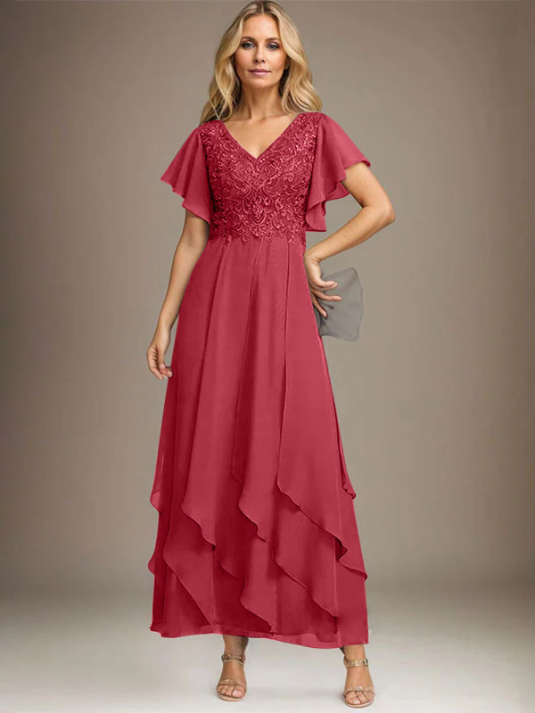 A-Linien-Kleid mit V-Ausschnitt, knöchellang, Spitzenchiffon und kaskadierenden Rüschen