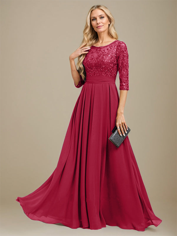 Vestido de madre de la novia de gasa con encaje, corte A, largo hasta el suelo y apliques de lentejuelas