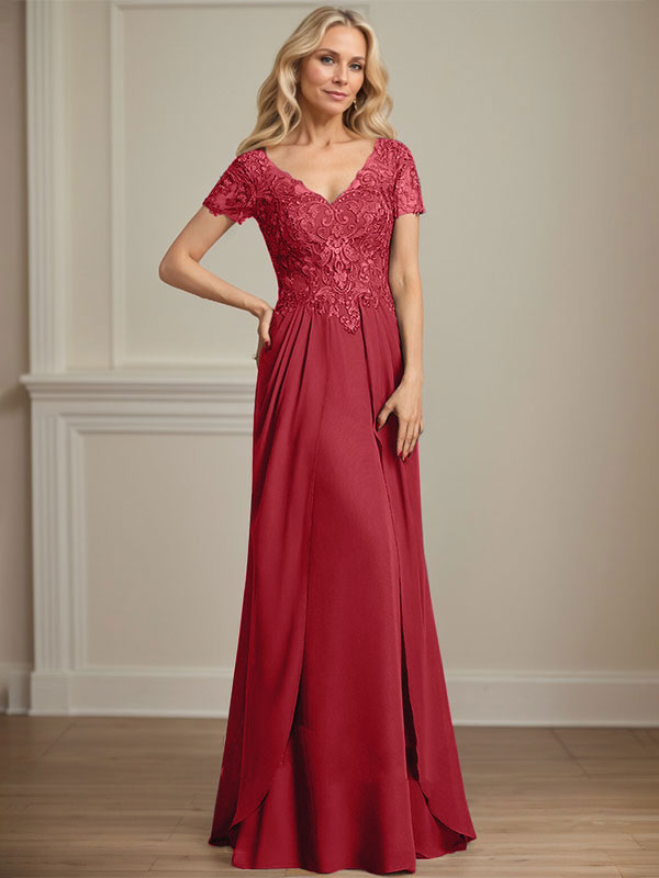 A-Linie V-Ausschnitt Bodenlanges Chiffon-Spitzenkleid für die Brautmutter
