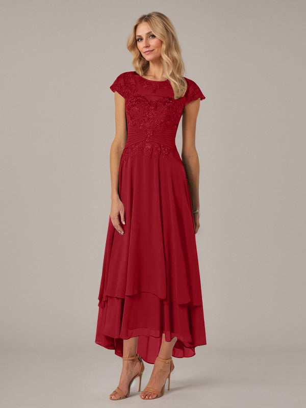Vestido de madre de la novia de gasa asimétrica con escote barco, ilusión, corte A y encaje con pliegues y apliques