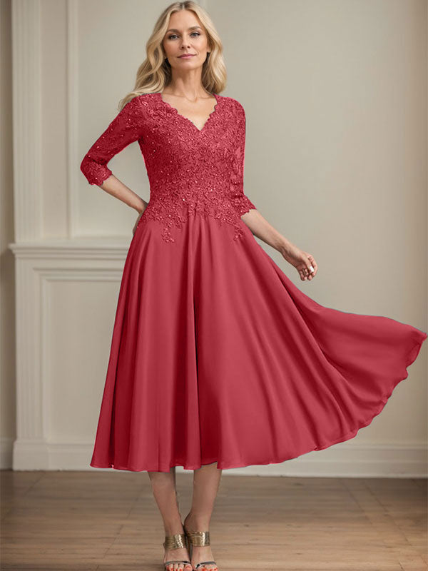 A-Linie, V-Ausschnitt, knielang, Chiffon, Spitze, Kleid für die Brautmutter mit Perlen und Pailletten