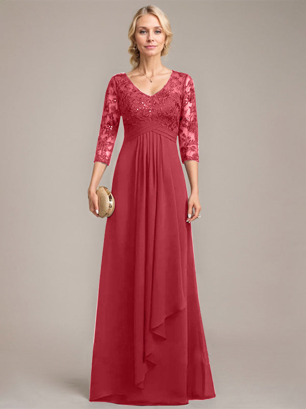 A-Linie, V-Ausschnitt, bodenlanges Chiffon-Kleid für die Brautmutter mit kaskadierenden Rüschen und Pailletten