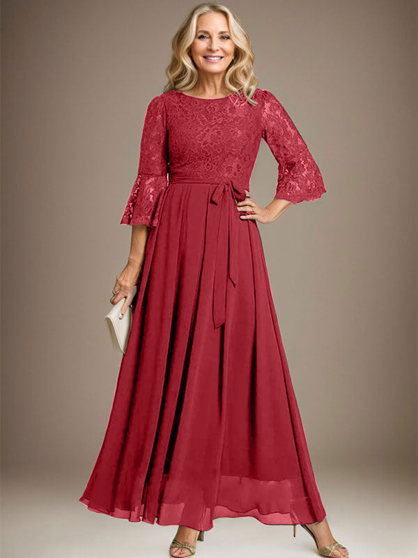 Vestido de gasa con encaje y lazo para madre de la novia, corte A, escote redondo hasta los tobillos