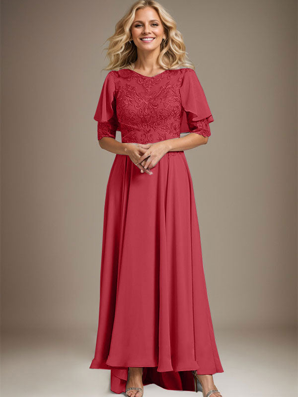 Vestido de madre de la novia de gasa asimétrica con encaje, ilusión, corte A y escote redondo con cuentas