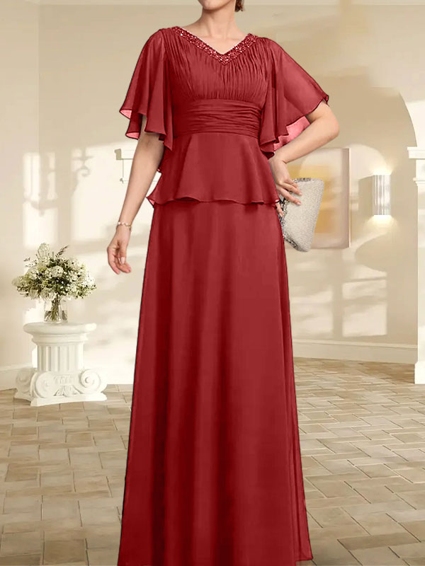 A-Linie, V-Ausschnitt, bodenlanges Chiffonkleid für die Brautmutter mit plissierter Perlenstickerei