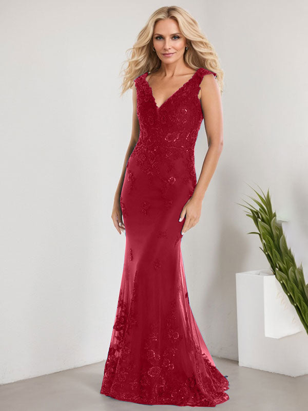 A-Linie V-Ausschnitt Bodenlang Spitze Chiffon Mutter der Braut Kleid Mit Applikation Pailletten Meerjungfrau Kleider