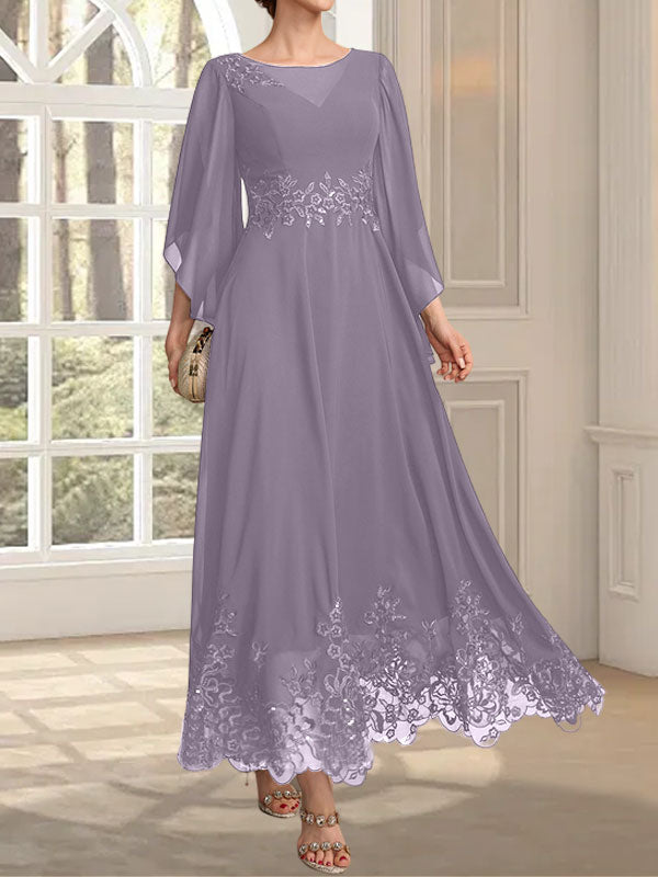 Vestido de gasa con encaje y lentejuelas para madre de la novia, corte A, escote ilusión, largo hasta los tobillos