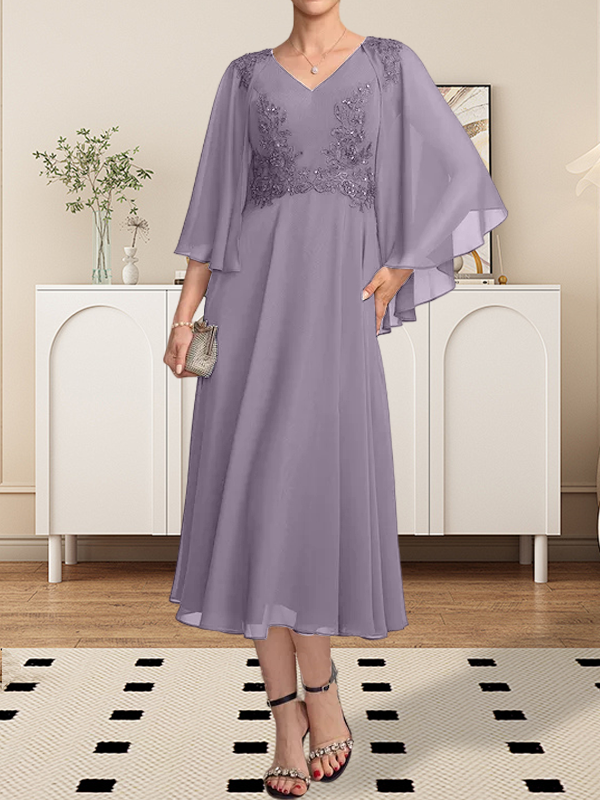 A-Linie, V-Ausschnitt, knielang, Chiffon, Spitze, Kleid für die Brautmutter mit Perlen und Pailletten