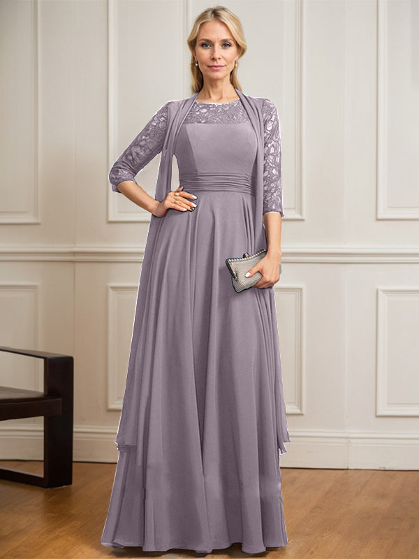 Vestido de gasa de encaje con ilusión de corte A hasta el suelo para madre de la novia con pliegues