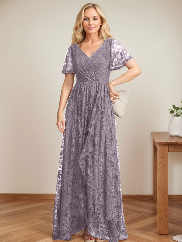 A-Linien-Kleid mit V-Ausschnitt, asymmetrischer Spitze für die Brautmutter mit kaskadierenden Rüschen