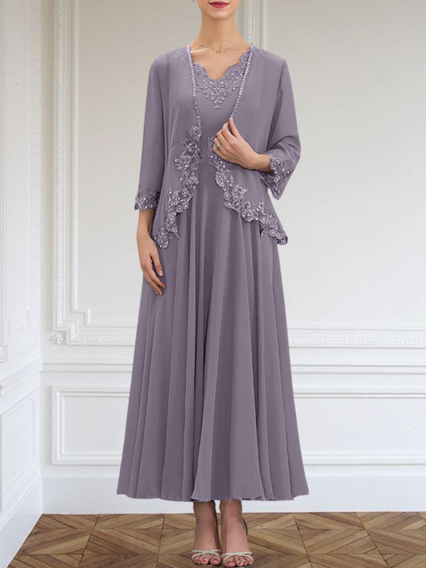 A-Linie V-Ausschnitt Knöchellang Chiffon Kleid für die Brautmutter mit Pailletten Applikationen Spitze Perlen