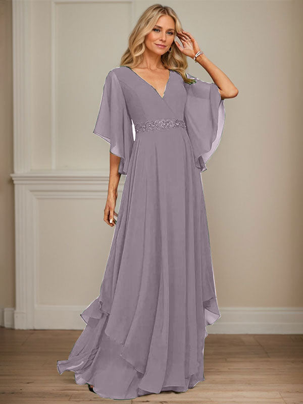 A-Linie V-Ausschnitt Bodenlang Chiffon Kleid für die Brautmutter mit Pailletten Applikationen Spitze Perlen